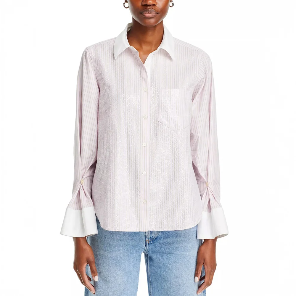 NWT Derek Lam 10 Crosby Wesley Sequined Striped Cotton Shirt Pink $395 - Size M - Picture 3 of 12